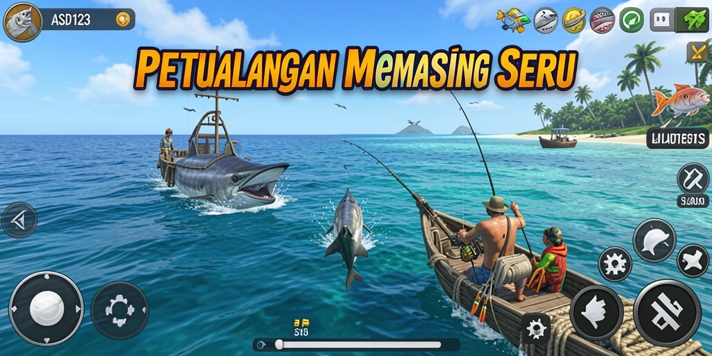 Tampilan gameplay seru saat memancing di laut.
