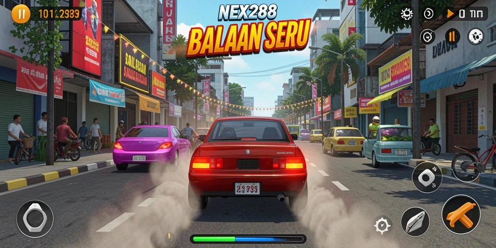 Gameplay seru NEX288 dengan mobil balap yang cepat.