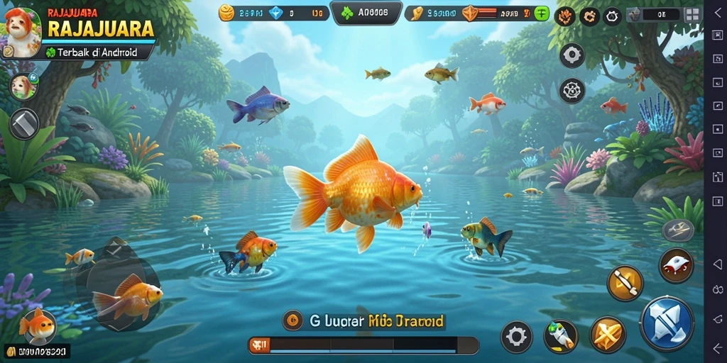 Screenshot utama menunjukkan pemain memancing di danau yang indah.