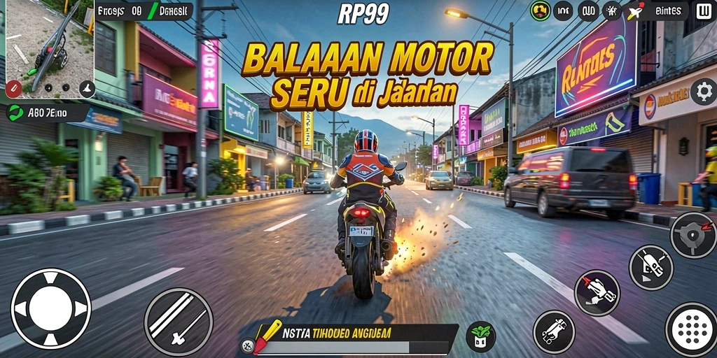 Tangkapan layar utama RP99 menunjukkan balapan motor yang intens di jalan kota.