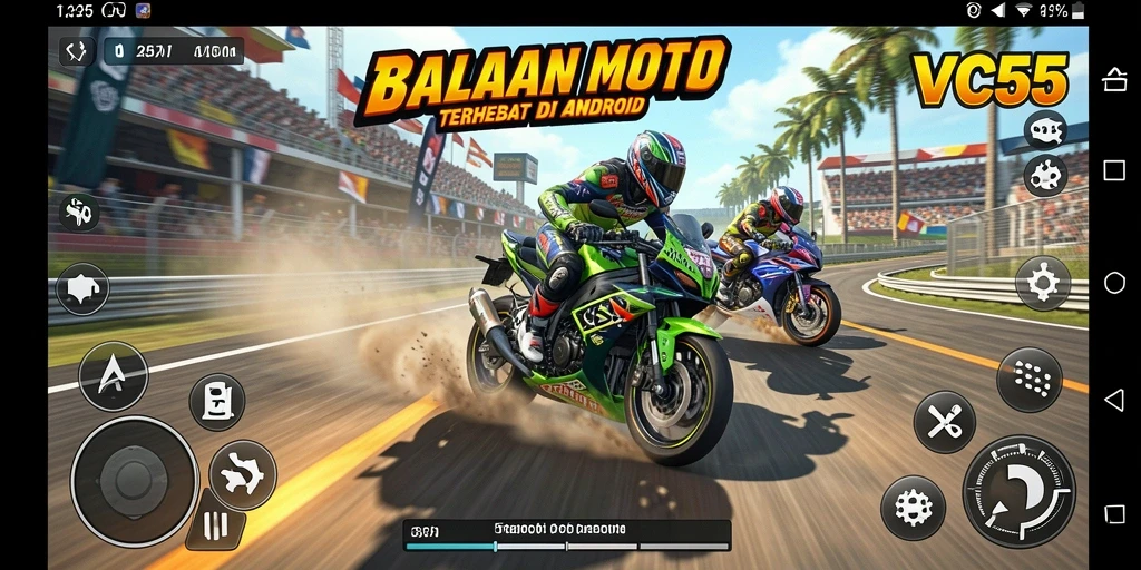 Tampilan gameplay seru dan menegangkan dari VC55 dalam balapan motor.